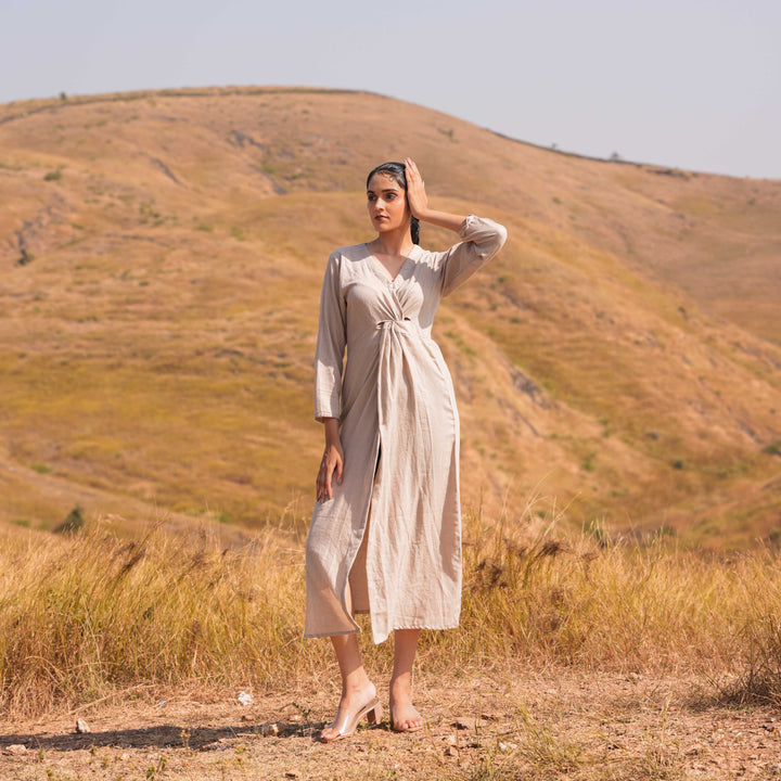 Brown Aria Linen Dress and Linen Jacket Set - OurDve