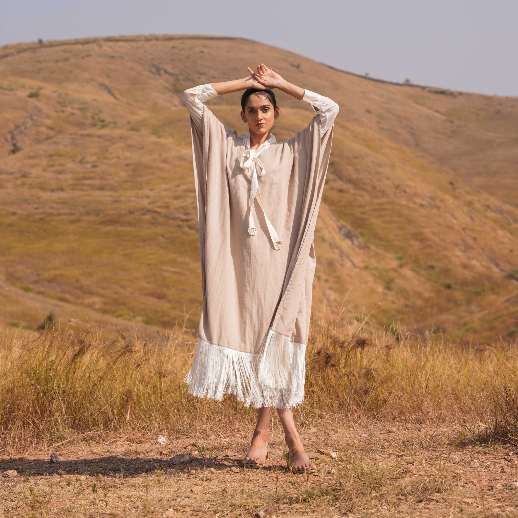 Siya Dress and Kaftan Set - Brown and Beige