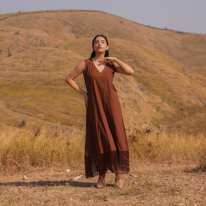 Brown Zoya Cotton Poplin Dress and Cotton Jacket Set - OurDve