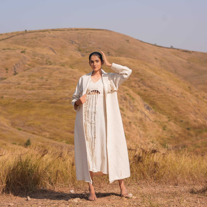 Beige Miraya Cotton Dress and Cotton Jacket Set - OurDve