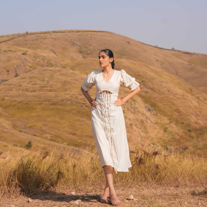 Beige Miraya Cotton Dress and Cotton Jacket Set - OurDve