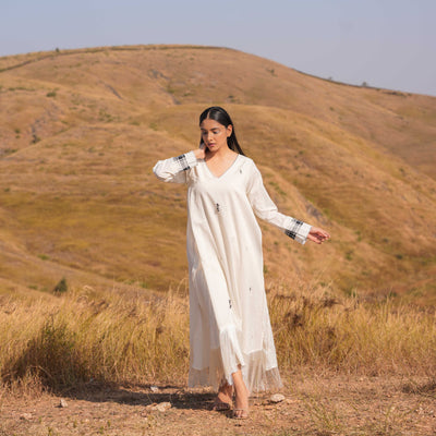 Beige Fray Maxi Cotton Dress - OurDve