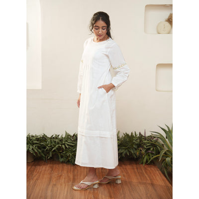 White Cotton and Chanderi Dress - OurDve