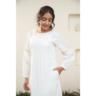 White Cotton and Chanderi Dress - OurDve