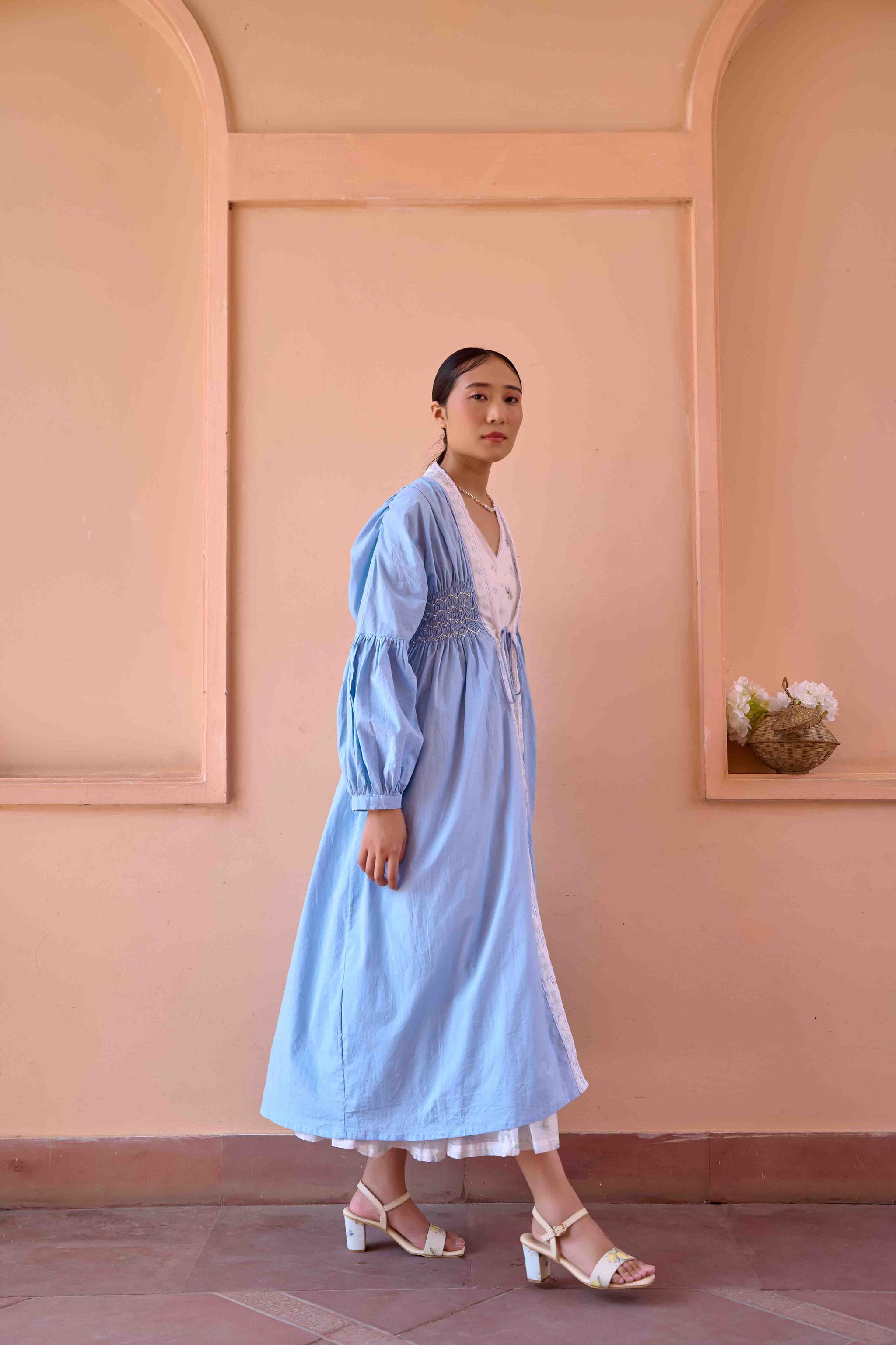 Rose Dress and Jacket Set - Blue and White