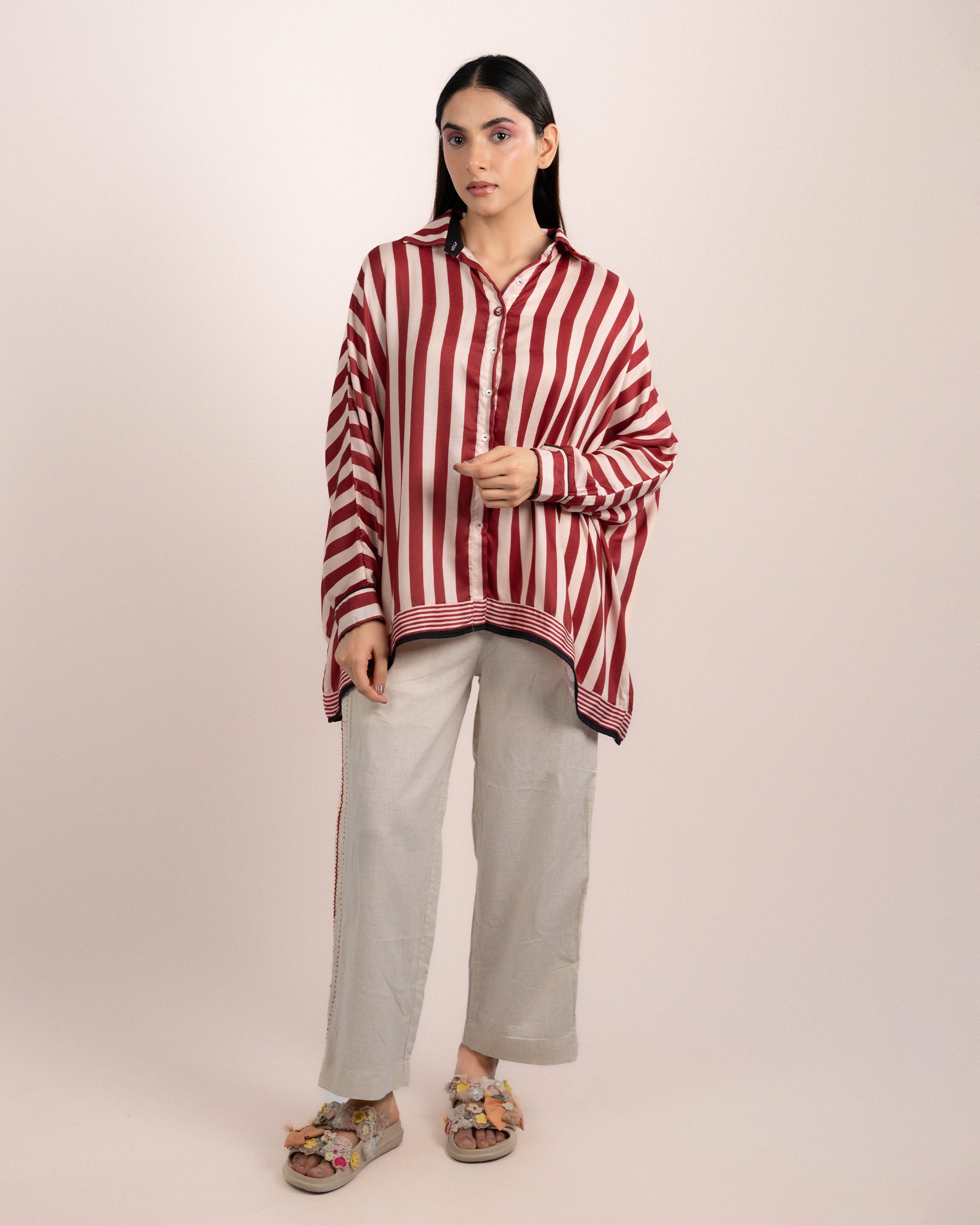 Aira Shirt - Ajrakh Maroon Thick Stripe