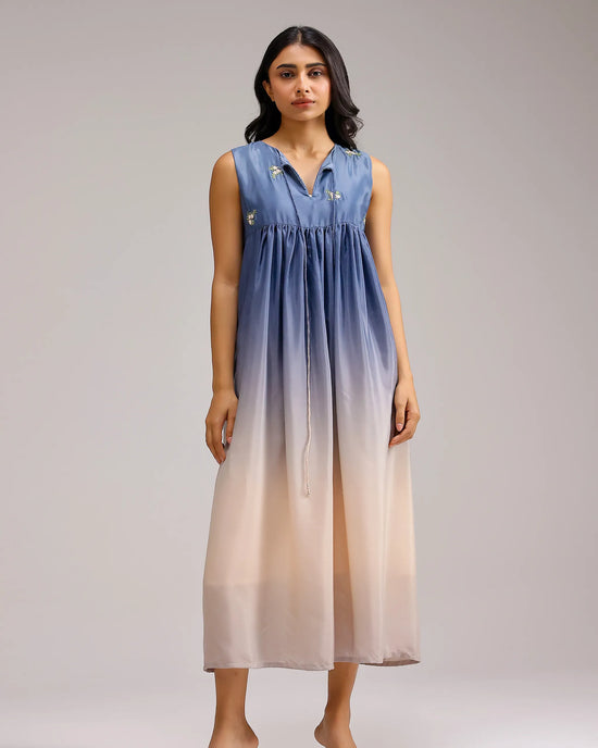 Blush Melt Dress - Blue To Beige Crepe
