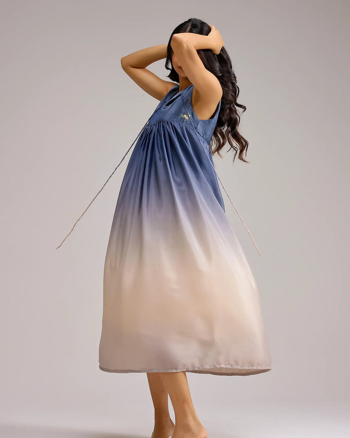 Blush Melt Dress - Blue To Beige Crepe