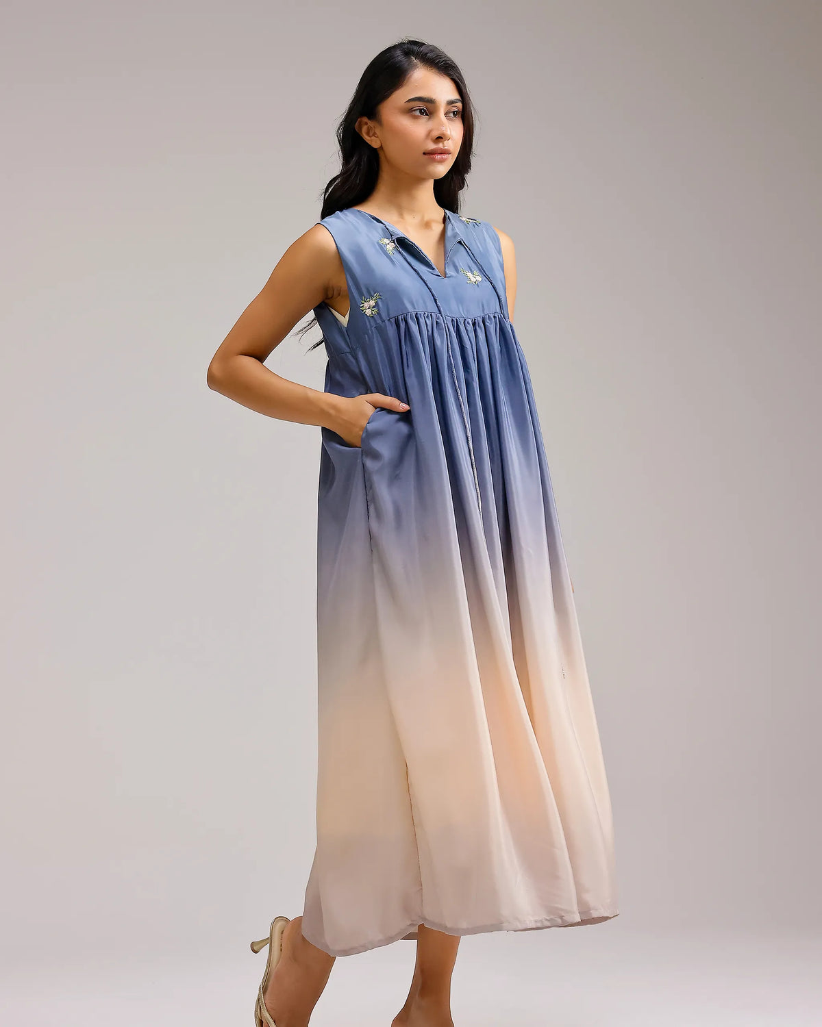 Blush Melt Dress - Blue To Beige Crepe