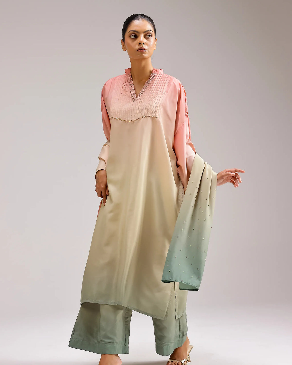 Fade Crepe Kurta - Pink To Green