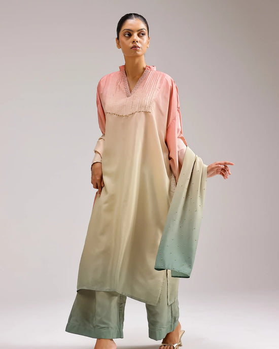 Fade Crepe Kurta - Pink To Green