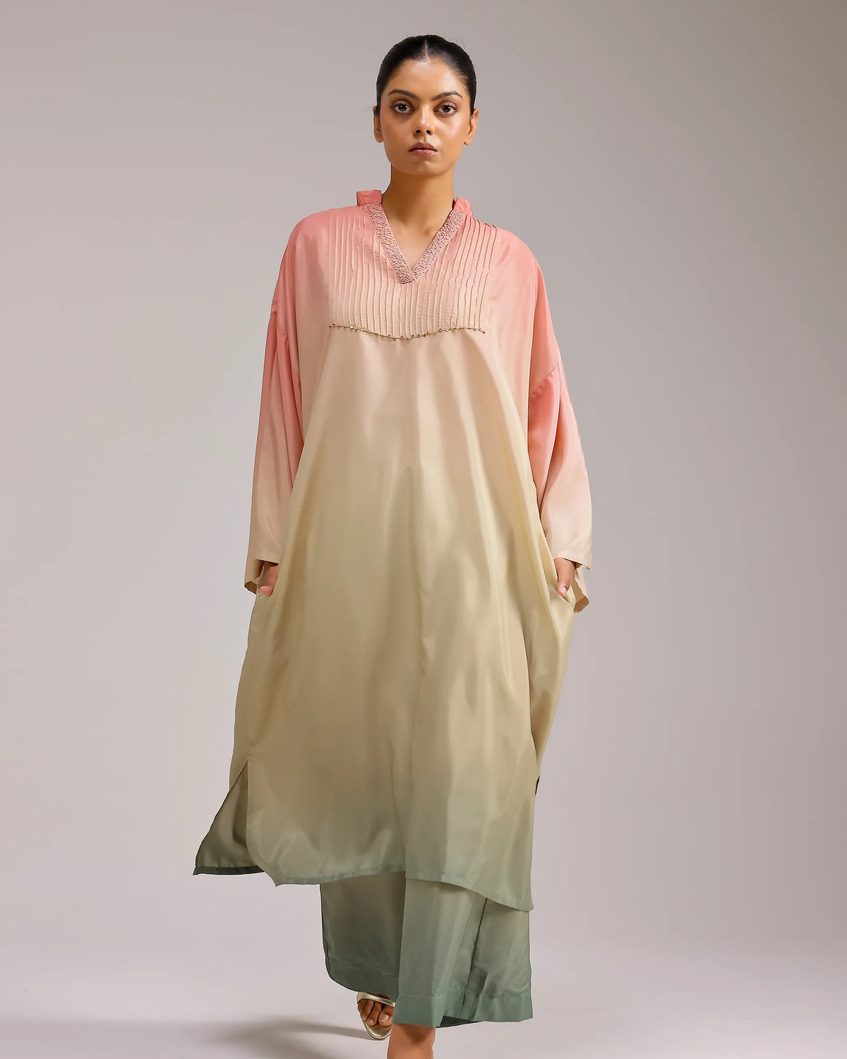 Fade Crepe Kurta Set - Pink To Green
