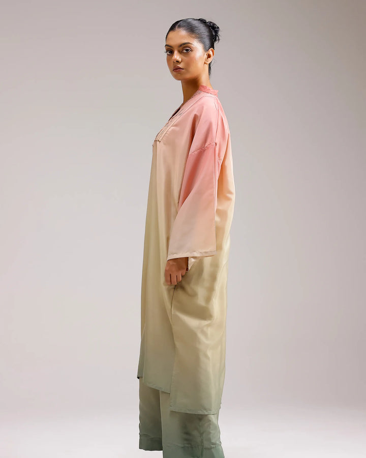 Fade Crepe Kurta Set - Pink To Green