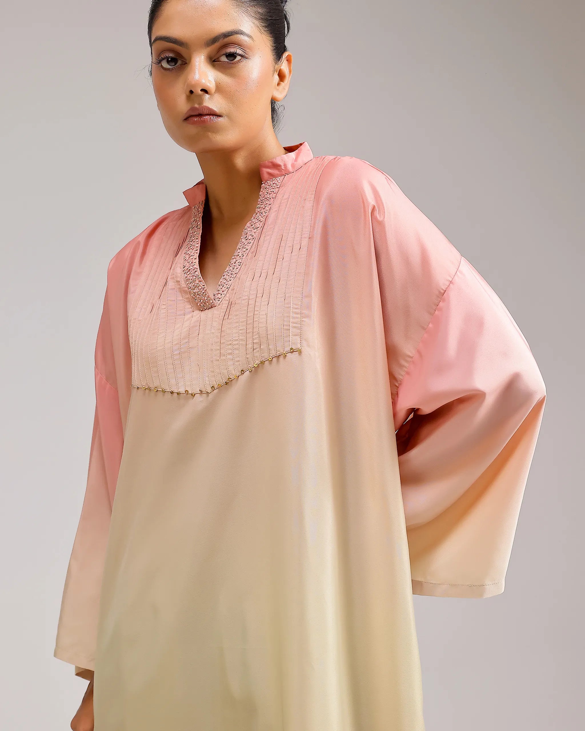 Fade Crepe Kurta Set - Pink To Green