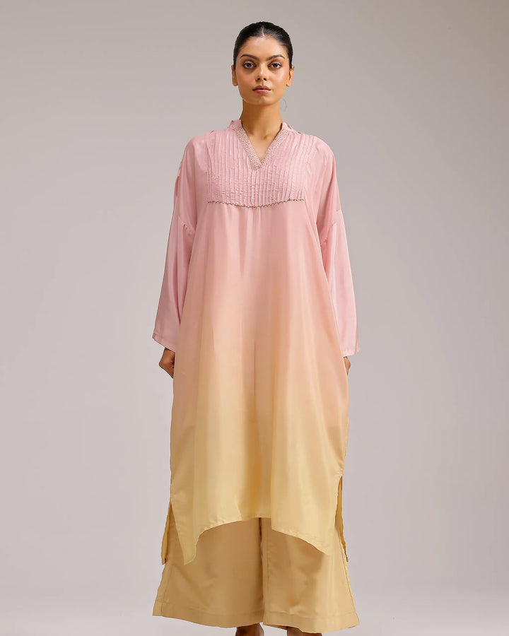 Fade Crepe Kurta Set - Pink To Yellow