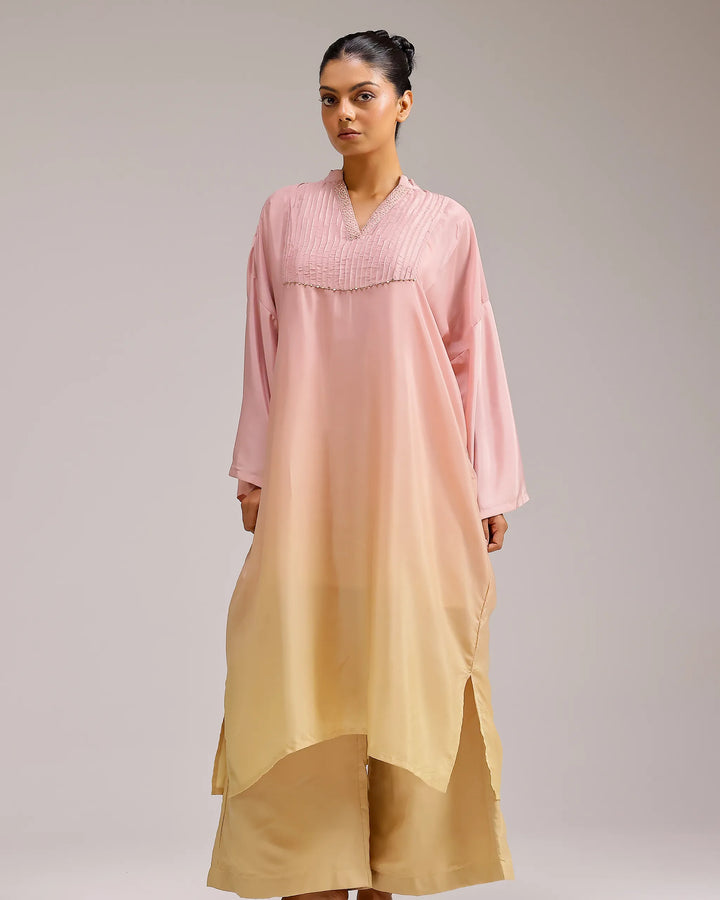 Fade Crepe Kurta Set - Pink To Yellow
