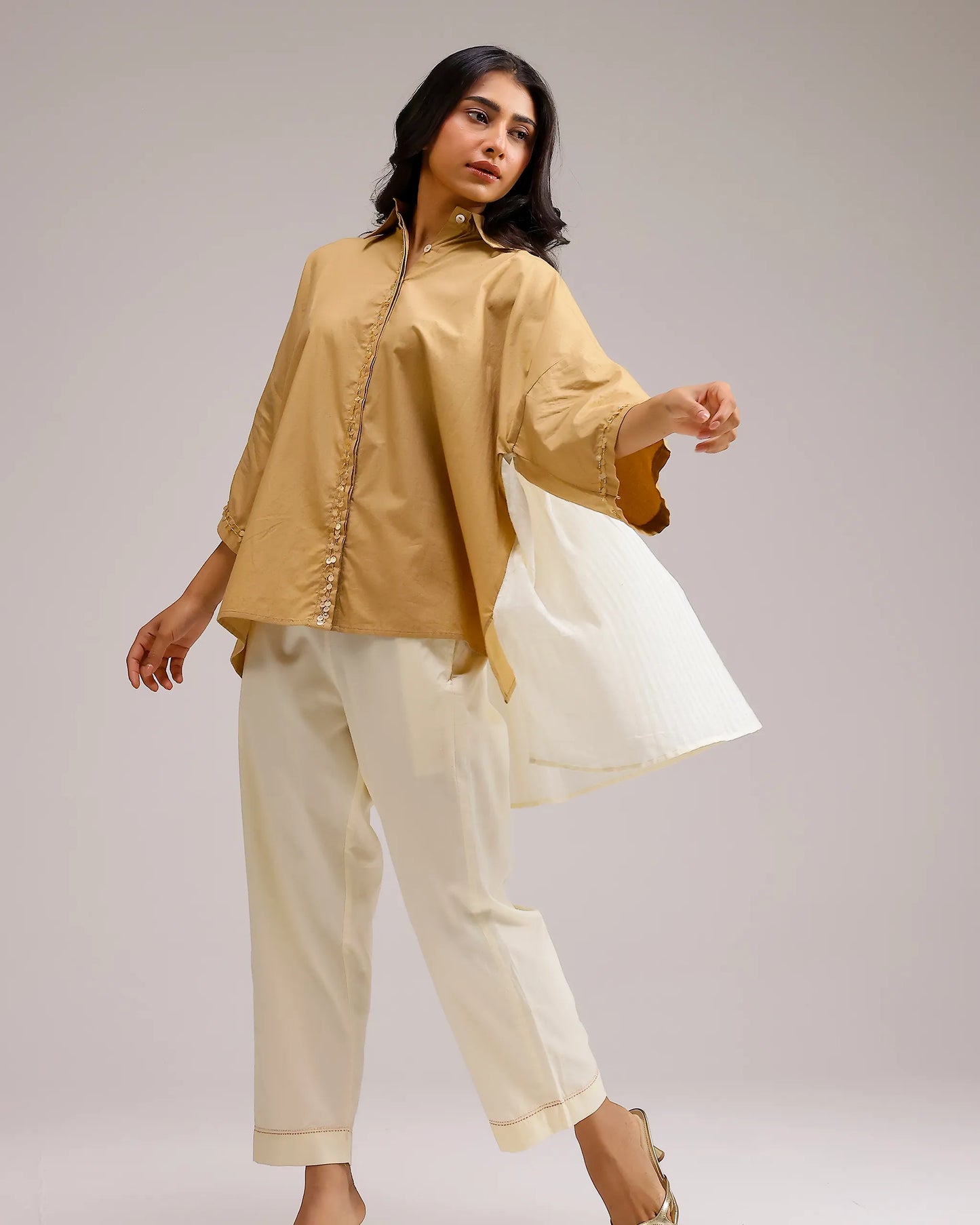 Dune Flow Shirt - Beige Stripe& Brown