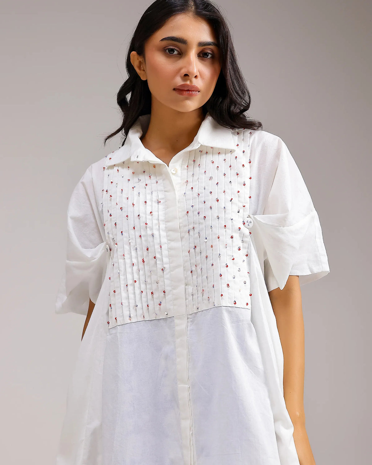 Candy Checks Top - White & Blue Flower