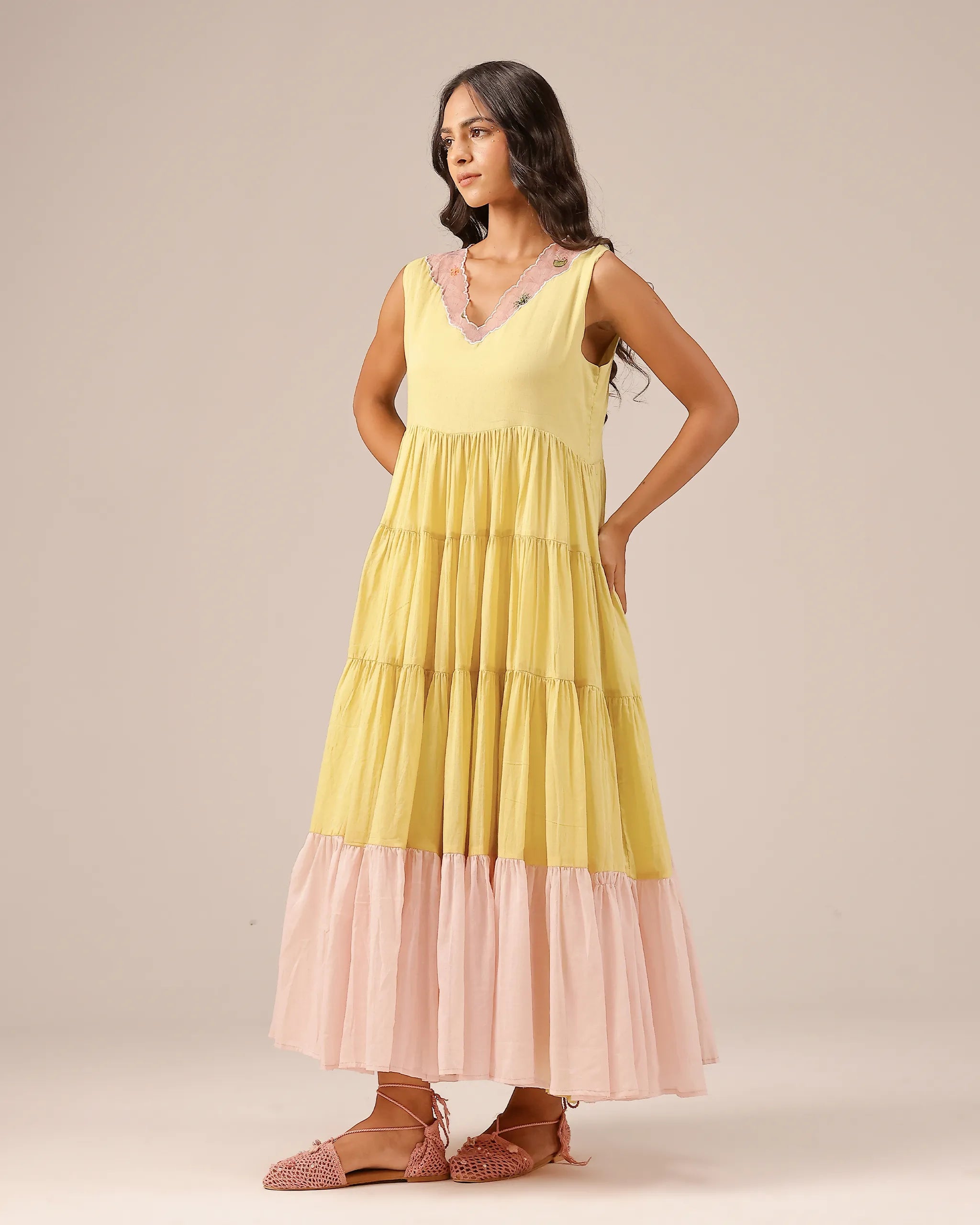 Melon Muse Flowy Sleeveless Tiered Mull Dress - OurDve