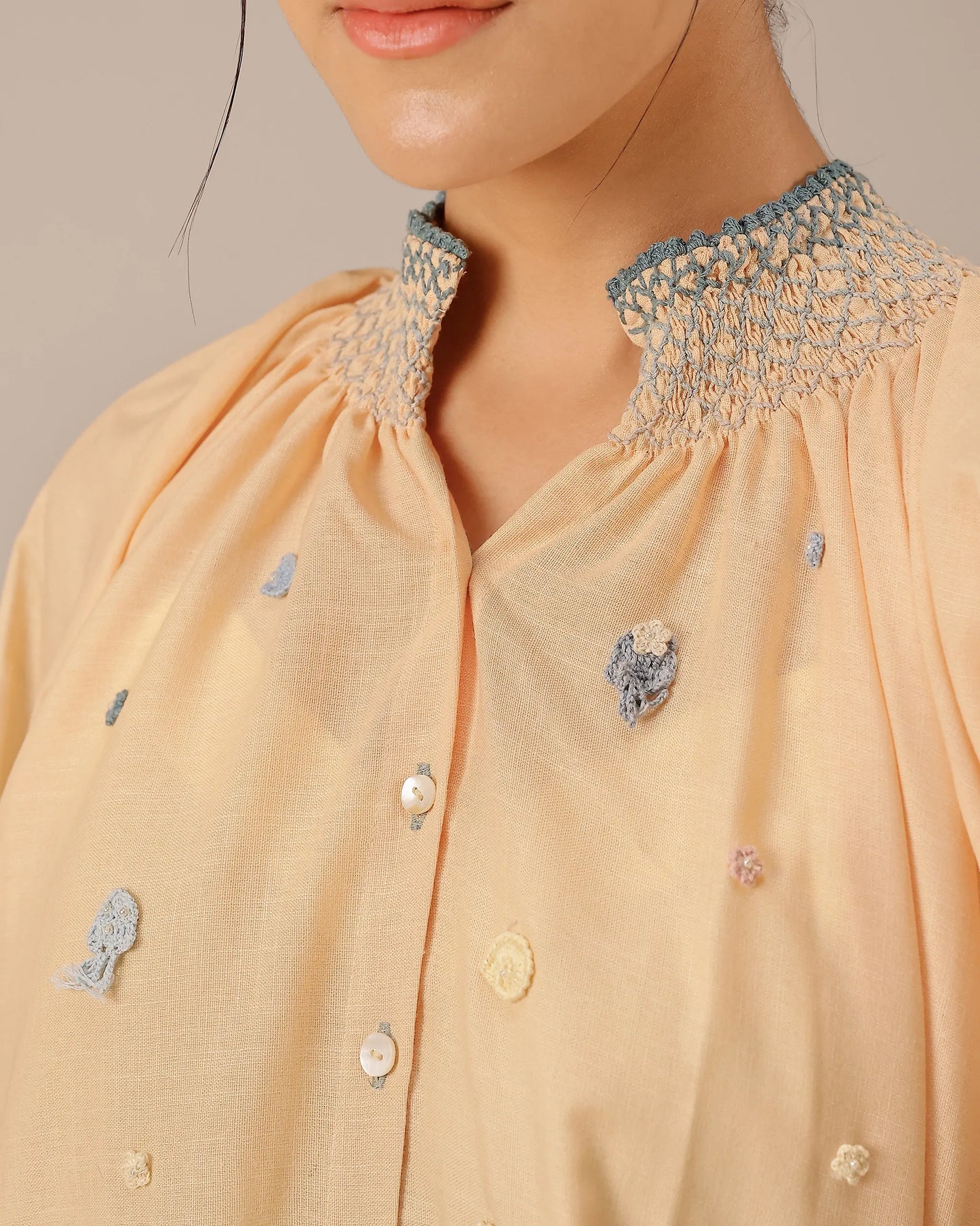 Sorbet Linen Dress – Smocked High Neck | OurDve