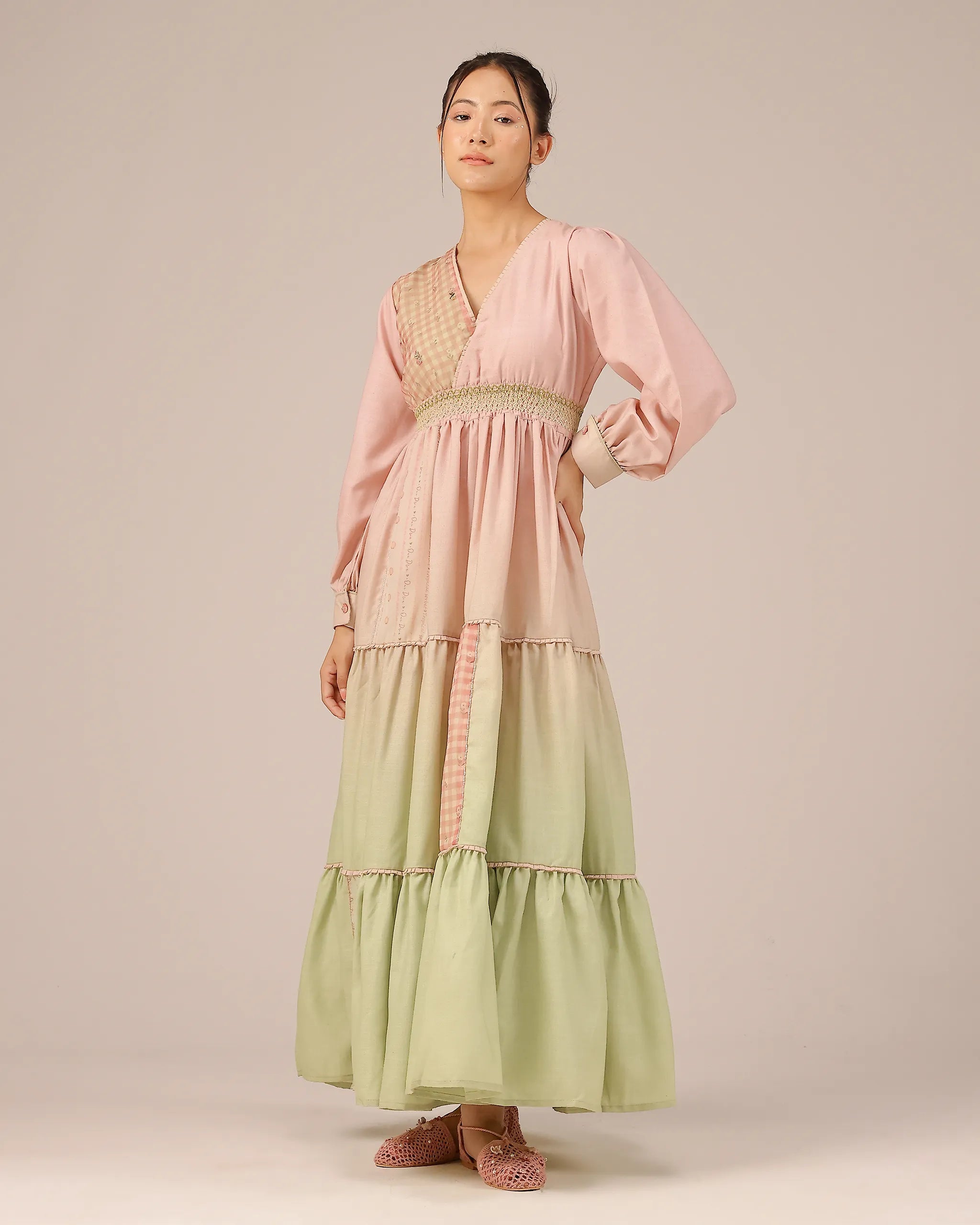 Pop Linen Dress – Pink To Green Patchwork Bohemian Dress - OurDve