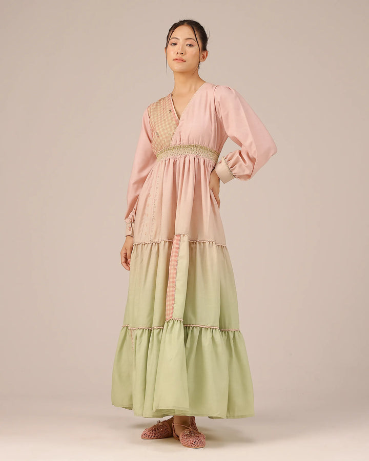 Pop Linen Dress ��� Pink To Green Patchwork Bohemian Dress - OurDve