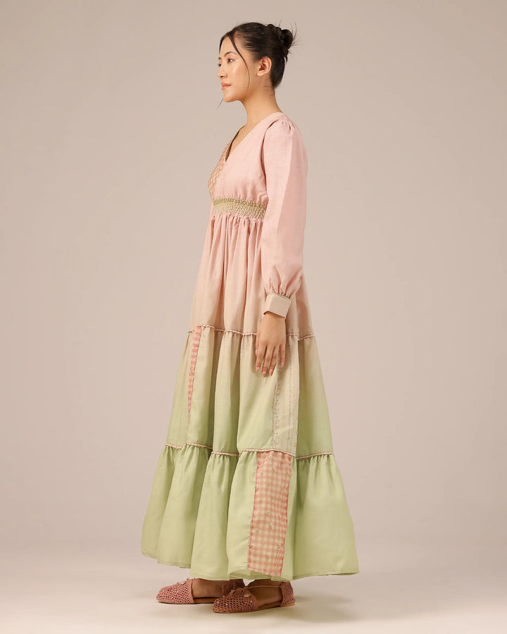 Pop Linen Dress ��� Pink To Green Patchwork Bohemian Dress - OurDve