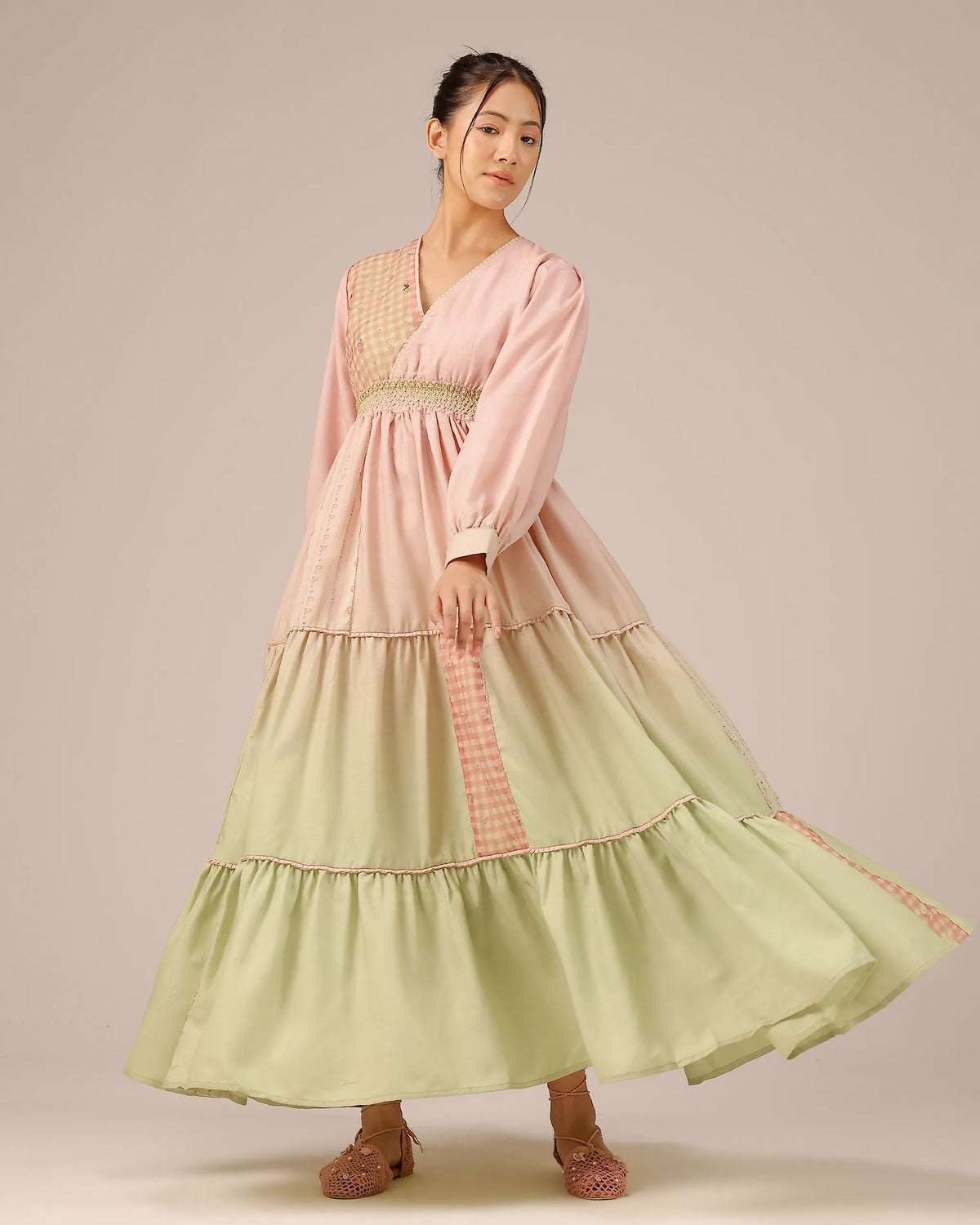 Pop Linen Dress ��� Pink To Green Patchwork Bohemian Dress - OurDve