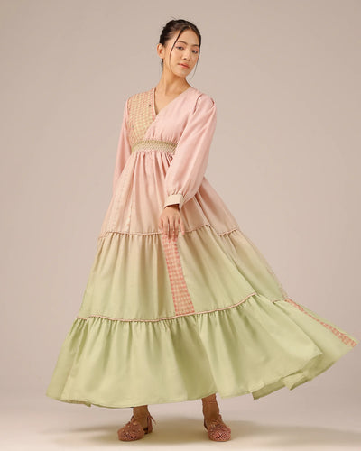 Pop Linen Dress – Pink To Green Patchwork Bohemian Dress - OurDve