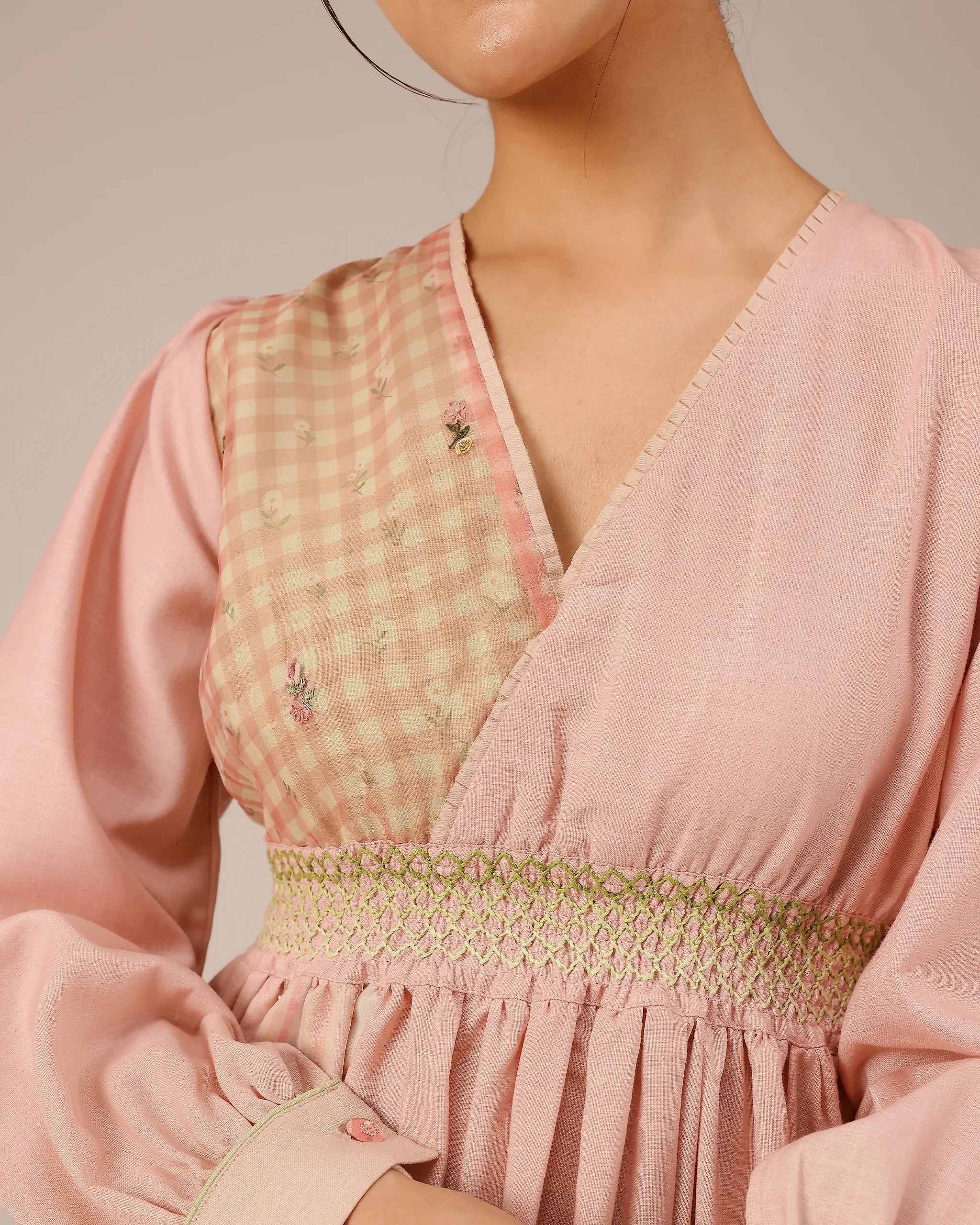 Pop Linen Dress ��� Pink To Green Patchwork Bohemian Dress - OurDve