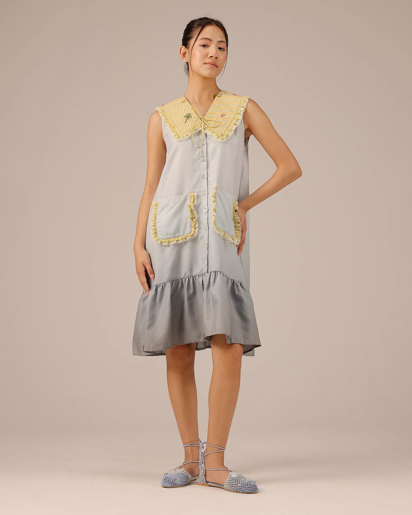 Grey Coconut Crush Sleeveless Linen Short Dress