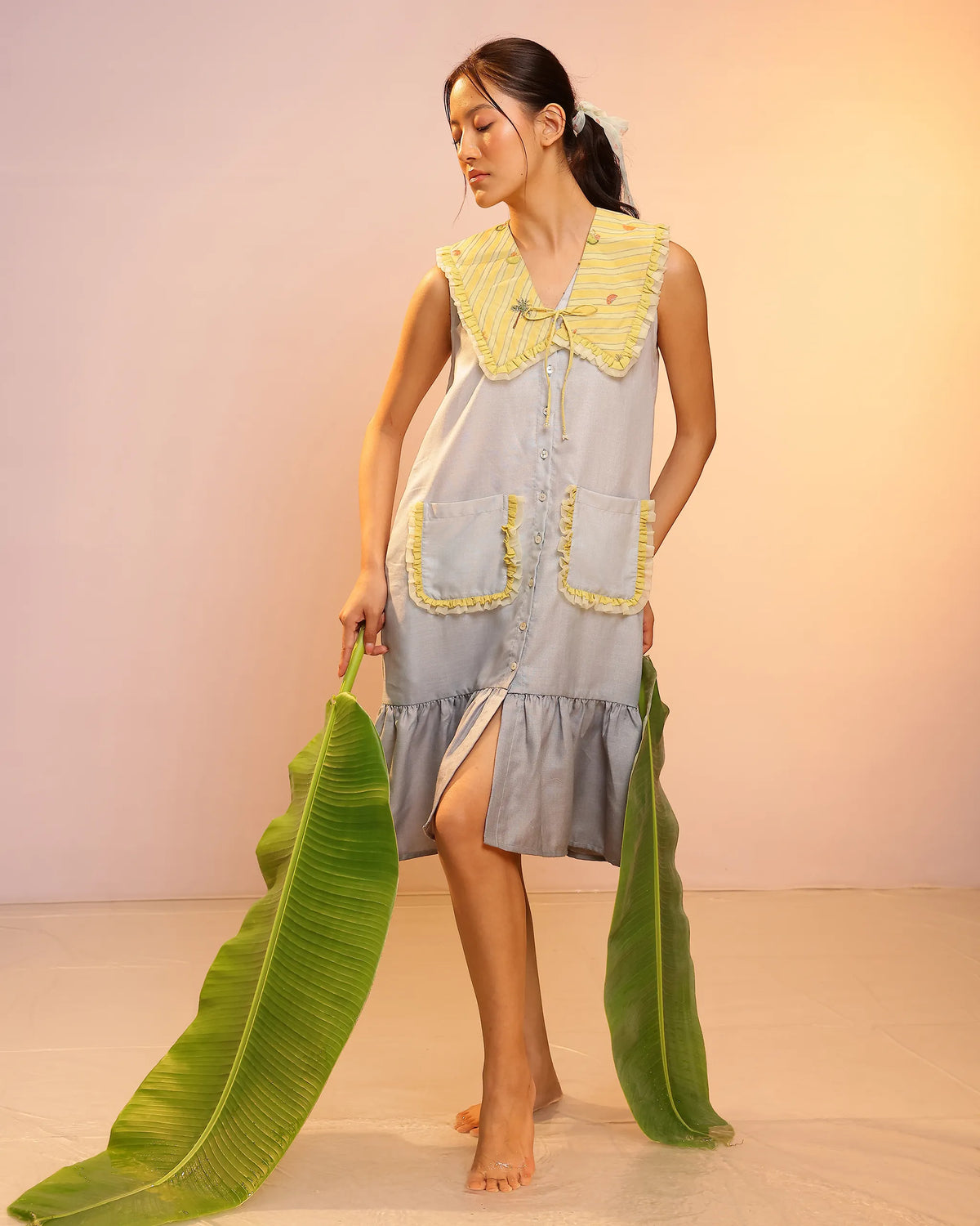 Grey Coconut Crush Sleeveless Linen Short Dress