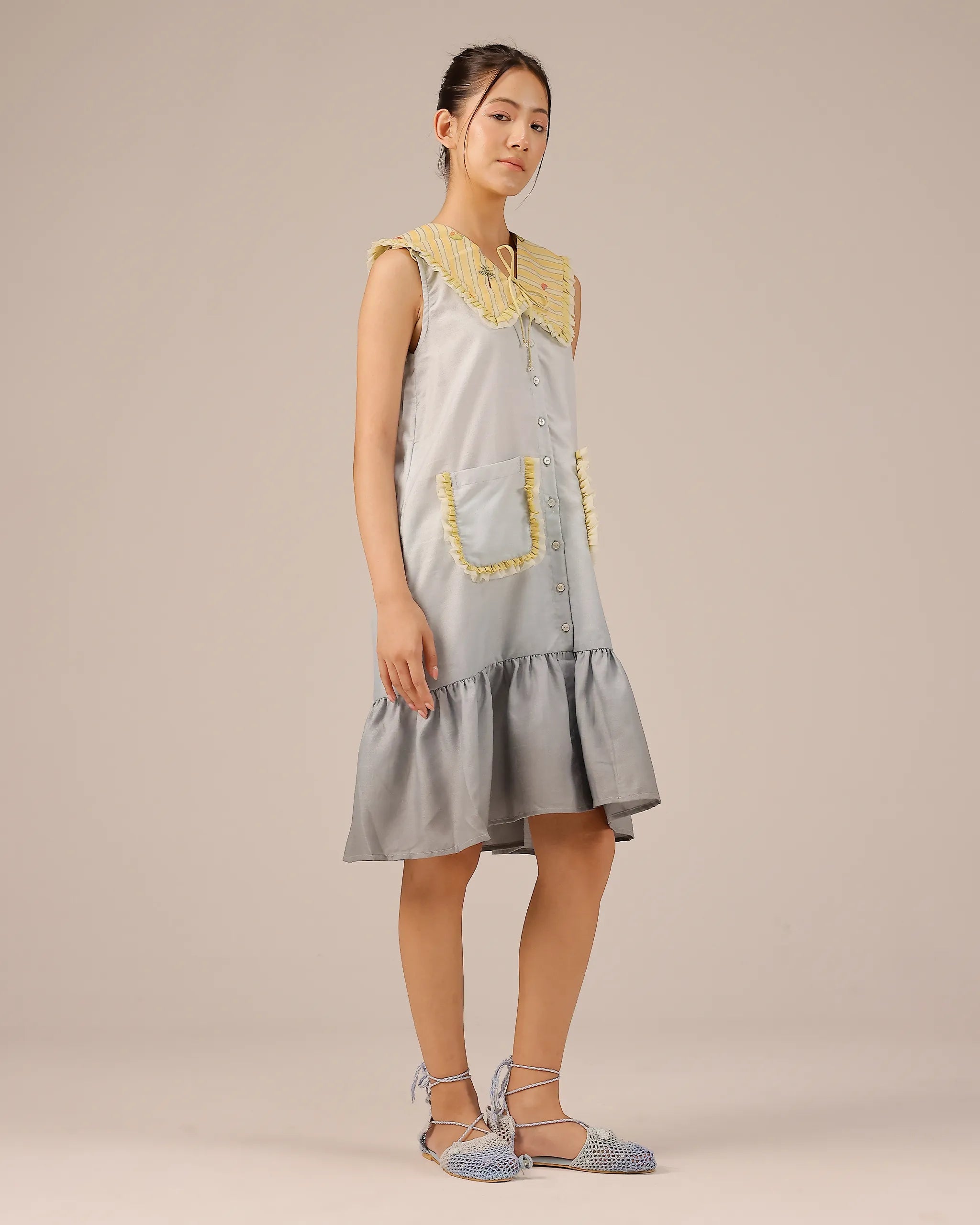 Grey Coconut Crush Sleeveless Linen Short Dress