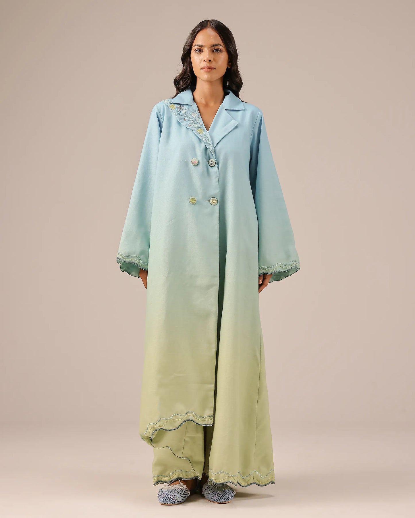 Breeze Pop Linen Dress | Blue-to-Green Gradient Long Dress - OurDve