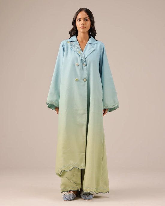 Breeze Pop Linen Dress | Blue-to-Green Gradient Long Dress - OurDve