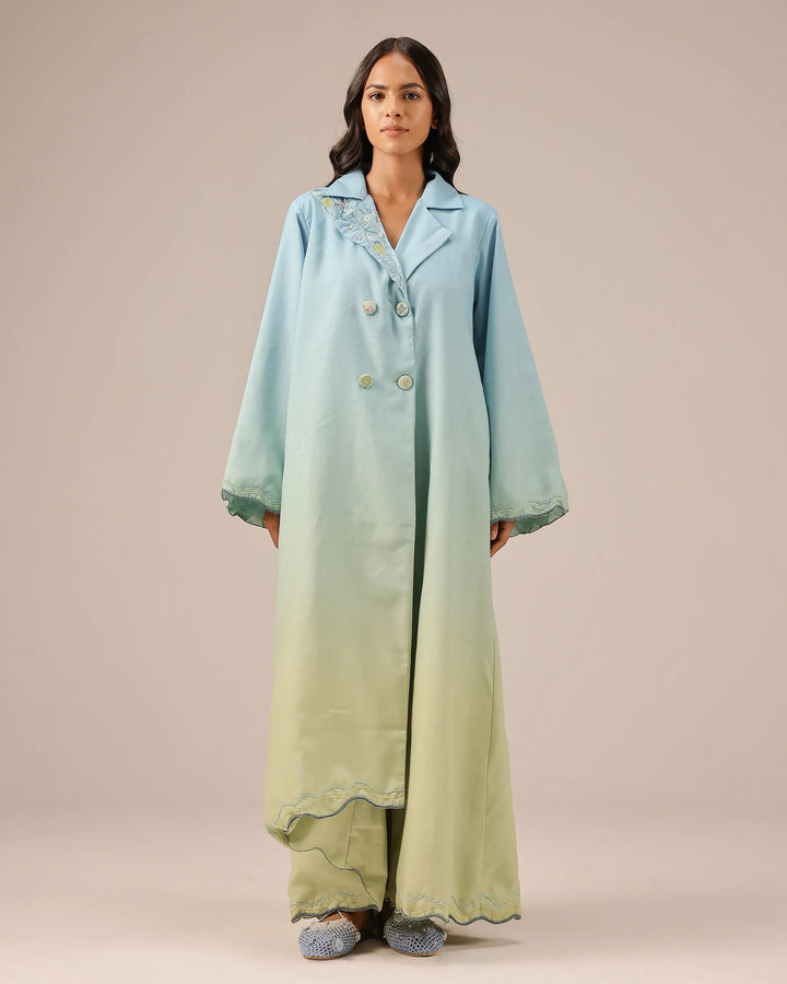 Breeze Pop Linen Dress | Blue-to-Green Gradient Long Dress - OurDve