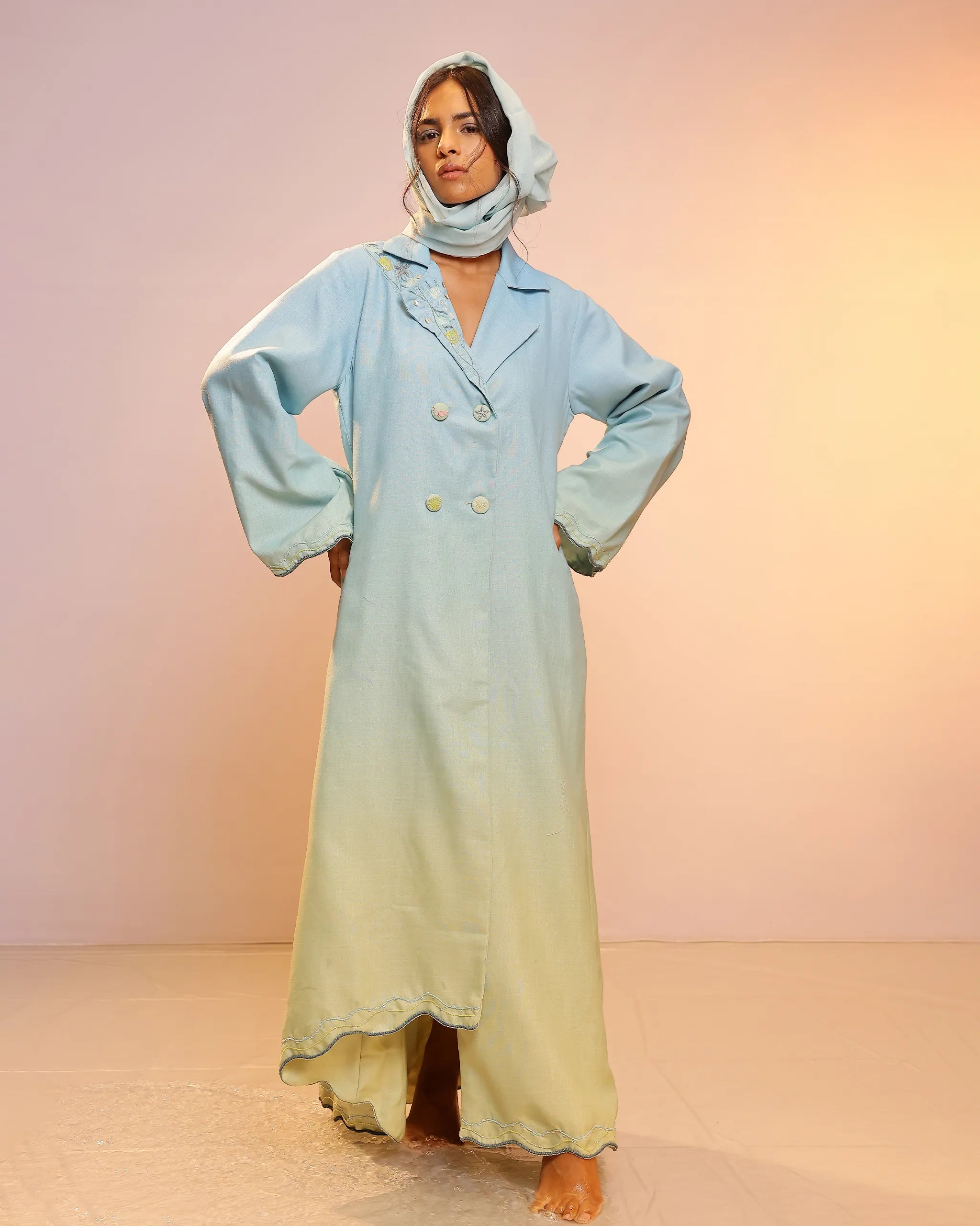 Breeze Pop Linen Dress | Blue-to-Green Gradient Long Dress - OurDve