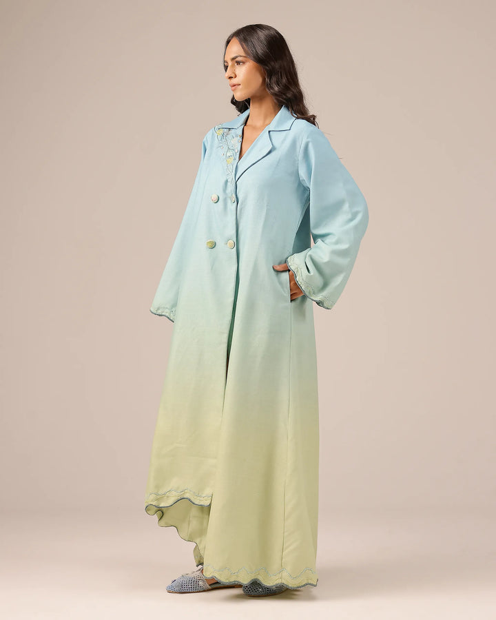 Breeze Pop Linen Dress | Blue-to-Green Gradient Long Dress - OurDve