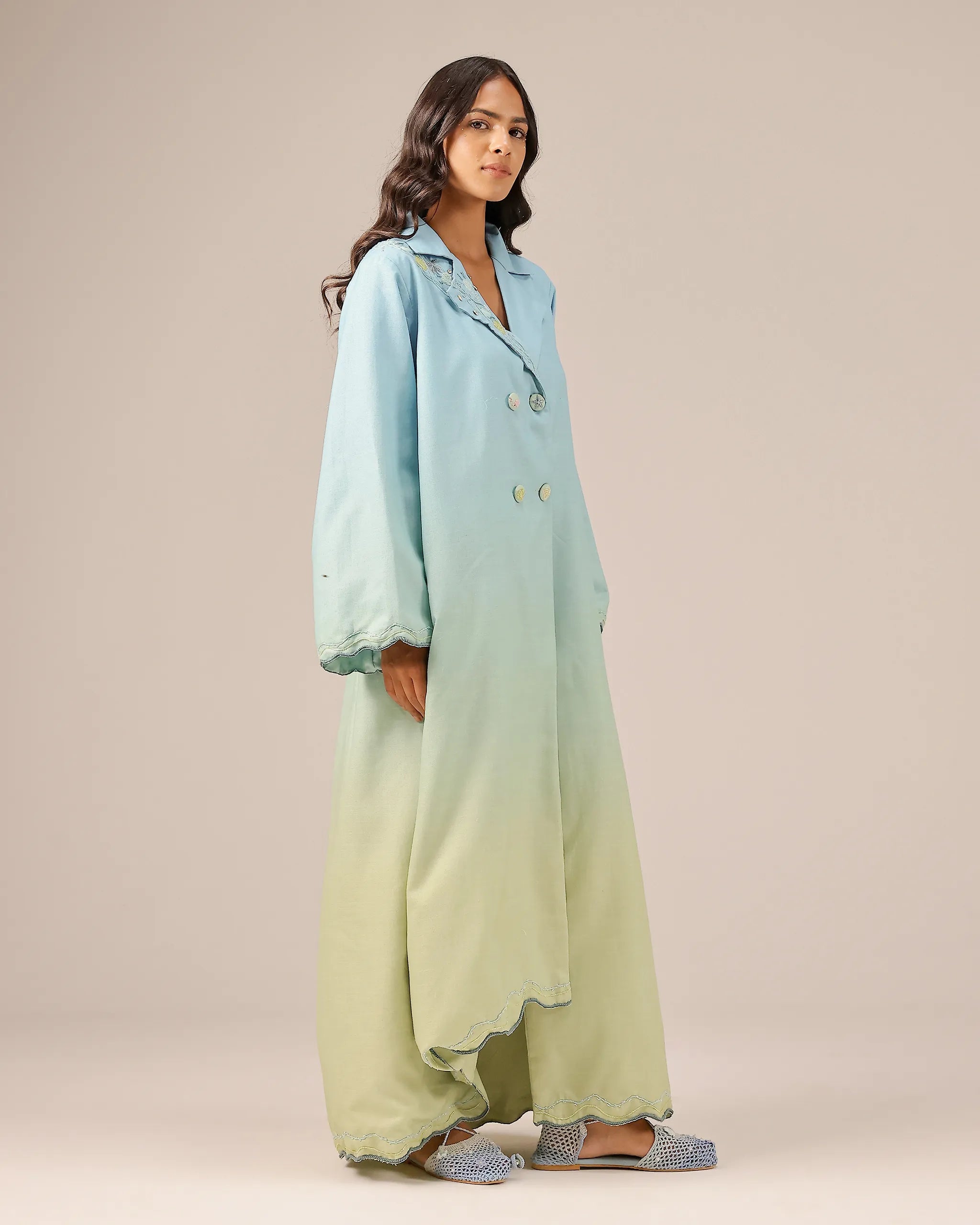 Breeze Pop Linen Dress | Blue-to-Green Gradient Long Dress - OurDve