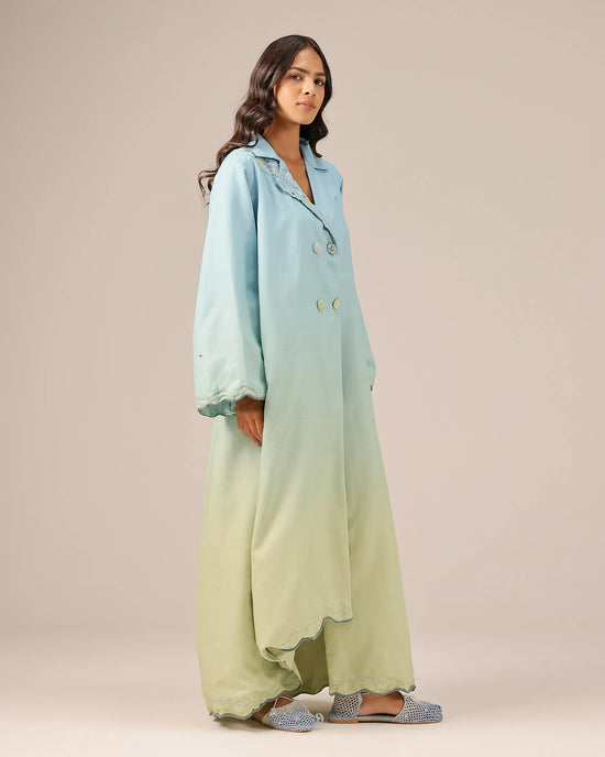 Breeze Pop Linen Dress | Blue-to-Green Gradient Long Dress - OurDve