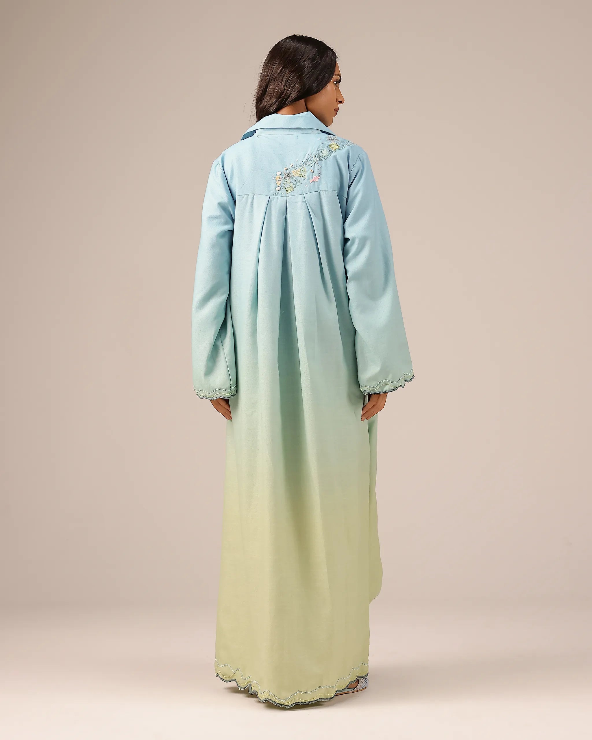 Breeze Pop Linen Dress | Blue-to-Green Gradient Long Dress - OurDve