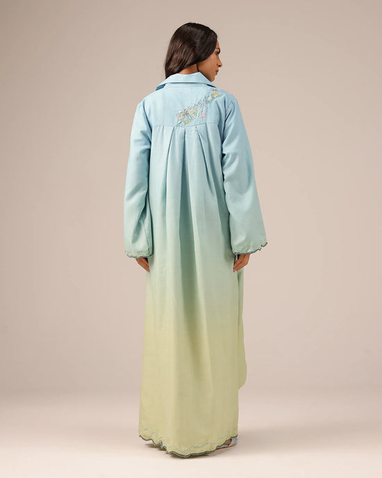 Breeze Pop Linen Dress | Blue-to-Green Gradient Long Dress - OurDve
