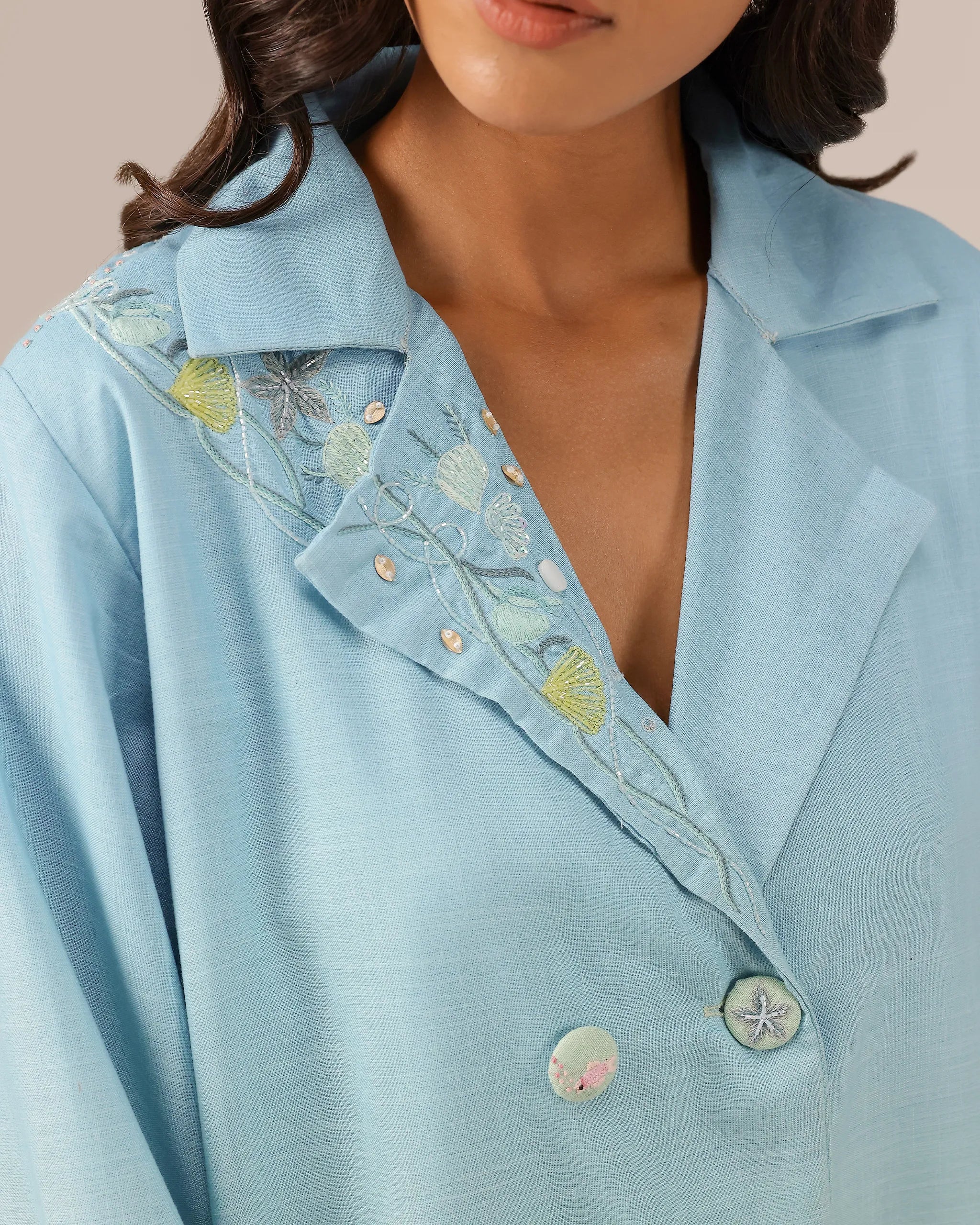 Breeze Pop Linen Dress | Blue-to-Green Gradient Long Dress - OurDve