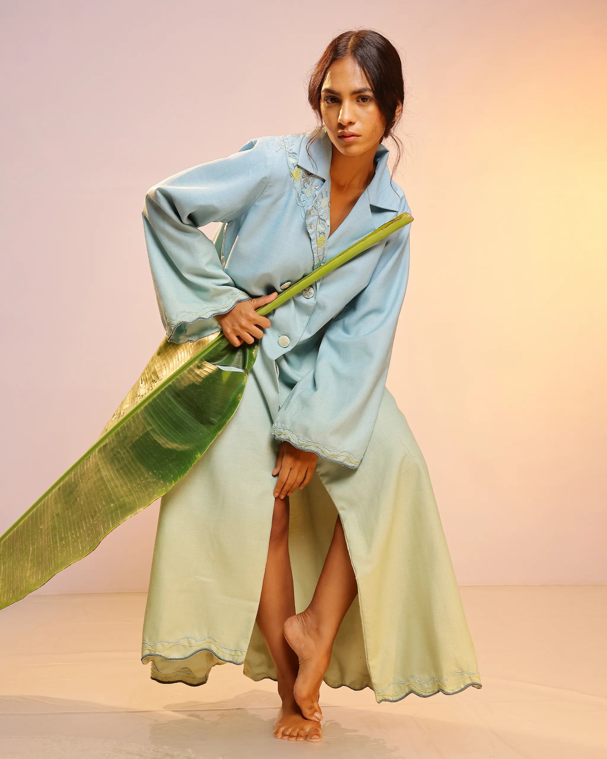 Breeze Pop Linen Dress | Blue-to-Green Gradient Long Dress - OurDve