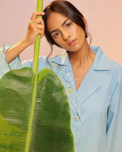 Breeze Pop Linen Dress | Blue-to-Green Gradient Long Dress - OurDve