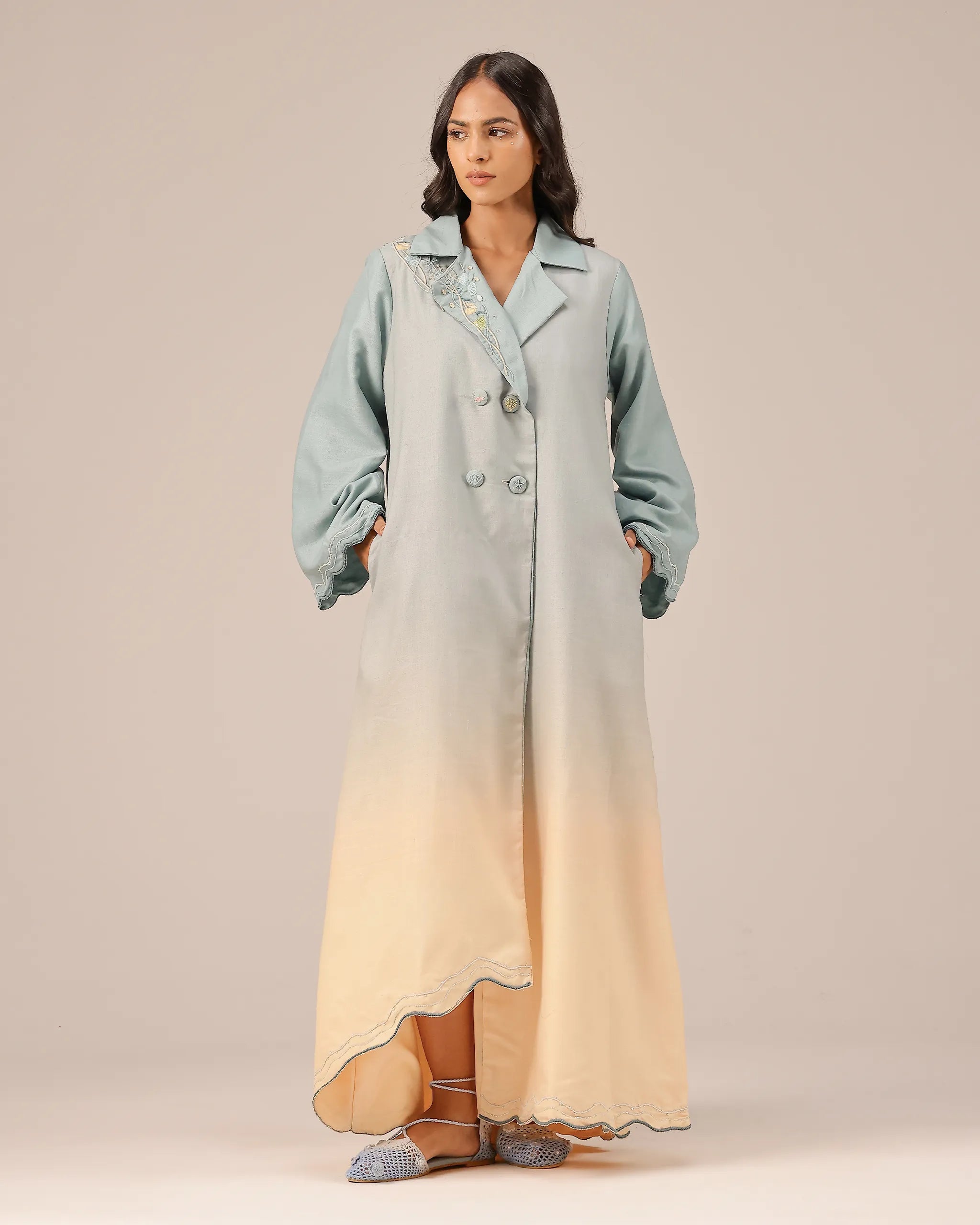 Breeze Pop Linen Dress | Gradient Grey-Ivory Embroidered Dress - OurDve
