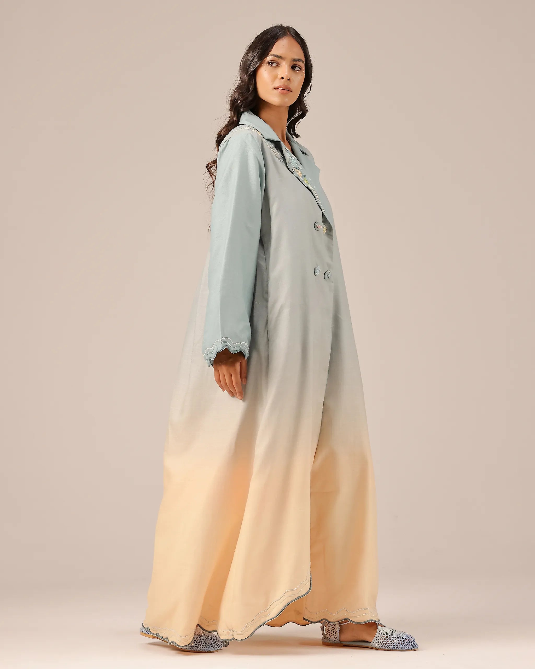 Breeze Pop Linen Dress | Gradient Grey-Ivory Embroidered Dress - OurDve