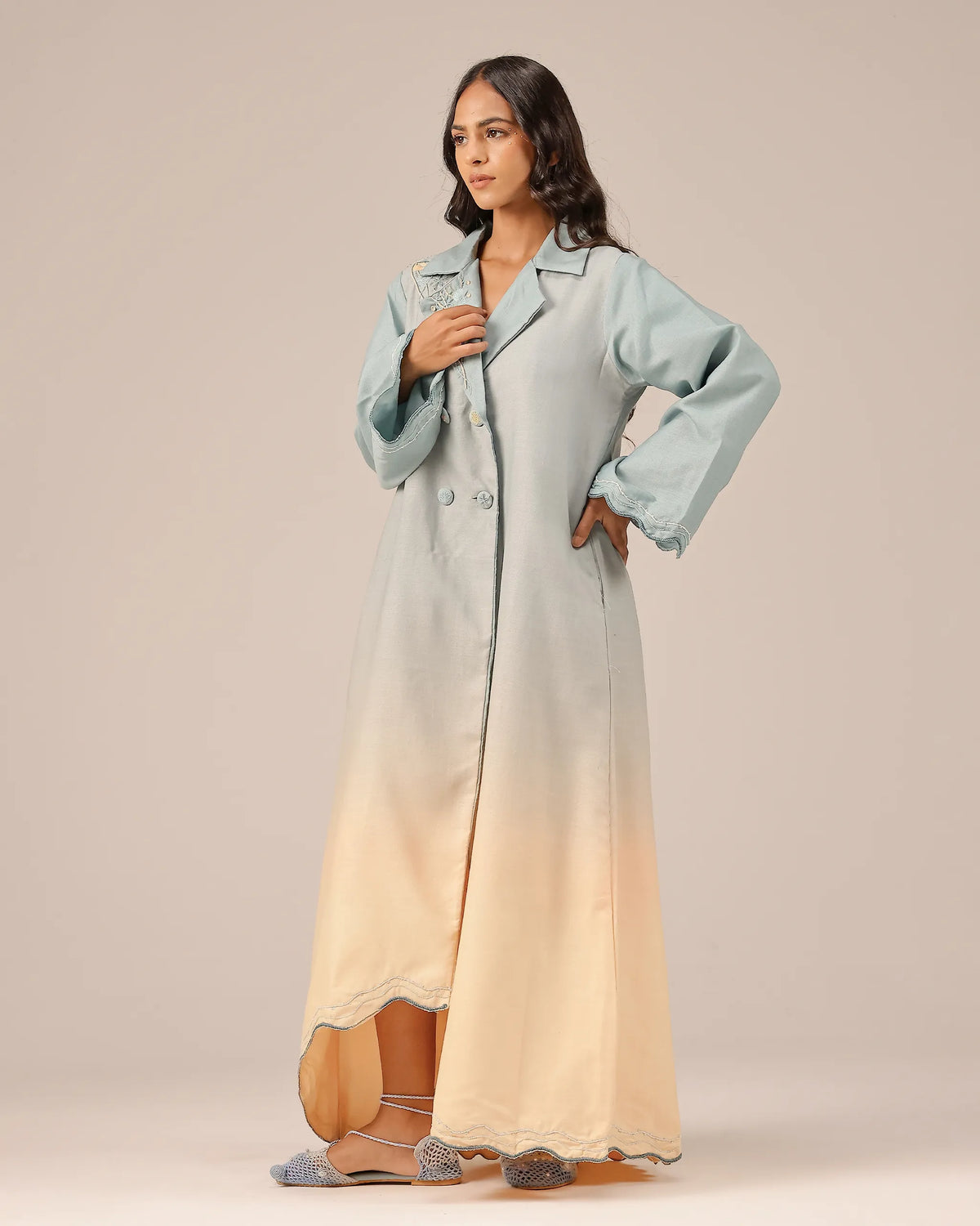 Breeze Pop Linen Dress | Gradient Grey-Ivory Embroidered Dress - OurDve