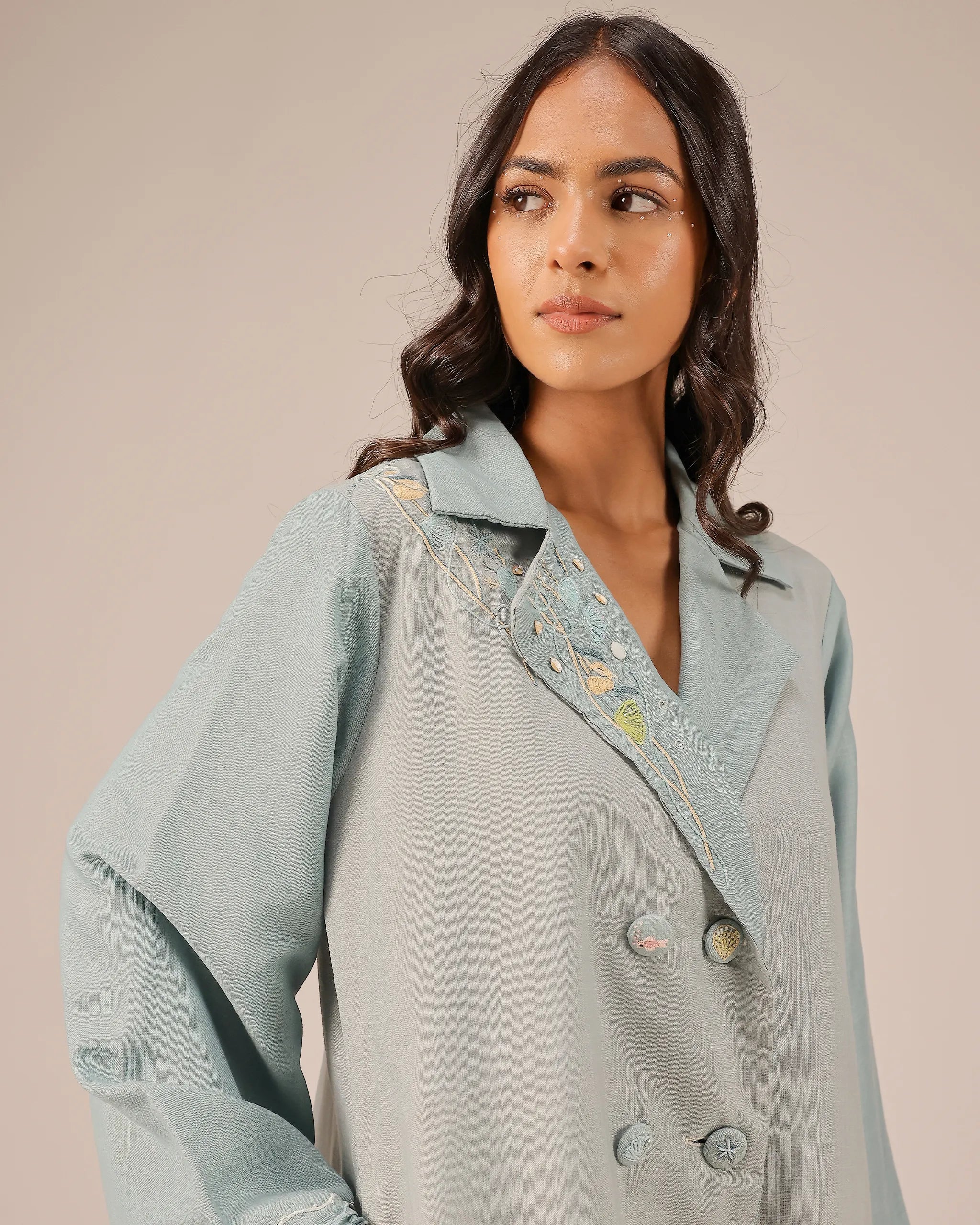 Breeze Pop Linen Dress | Gradient Grey-Ivory Embroidered Dress - OurDve