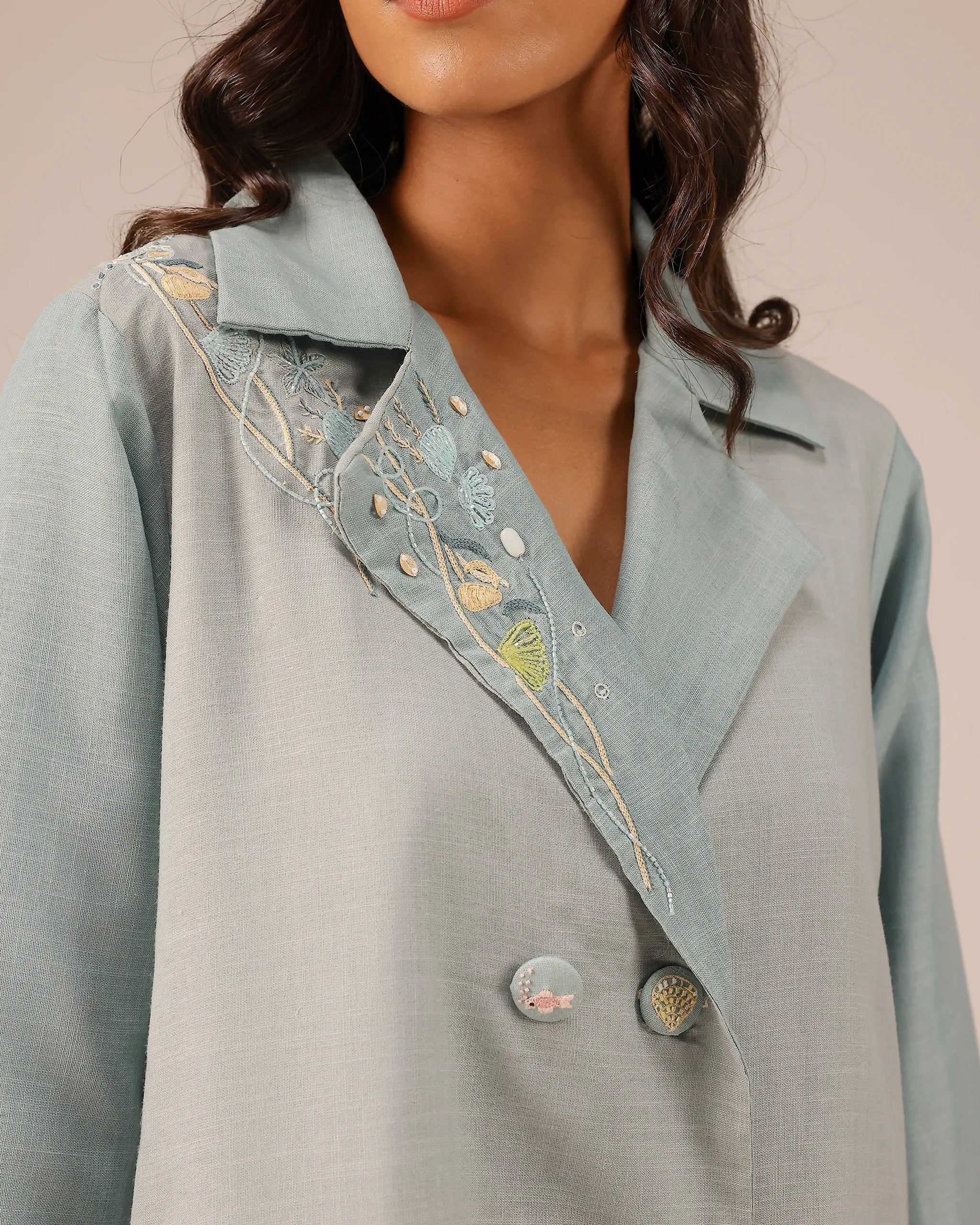 Breeze Pop Linen Dress | Gradient Grey-Ivory Embroidered Dress - OurDve